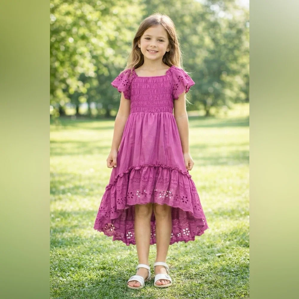 NEW Boutique Hannah Banana Purple Hi Low Eyelet Smocked Girls Dress‎ 6x 7 8 10